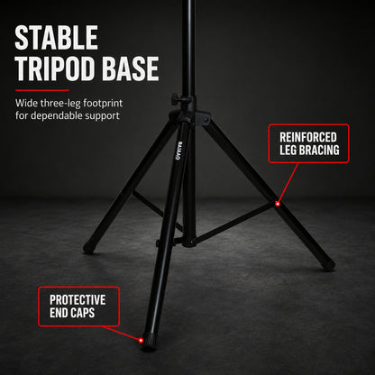 Bajaao SS019 Heavy-Duty Adjustable Tripod Speaker Stand with Safety Locking Pin & Foldable Legs – Black
