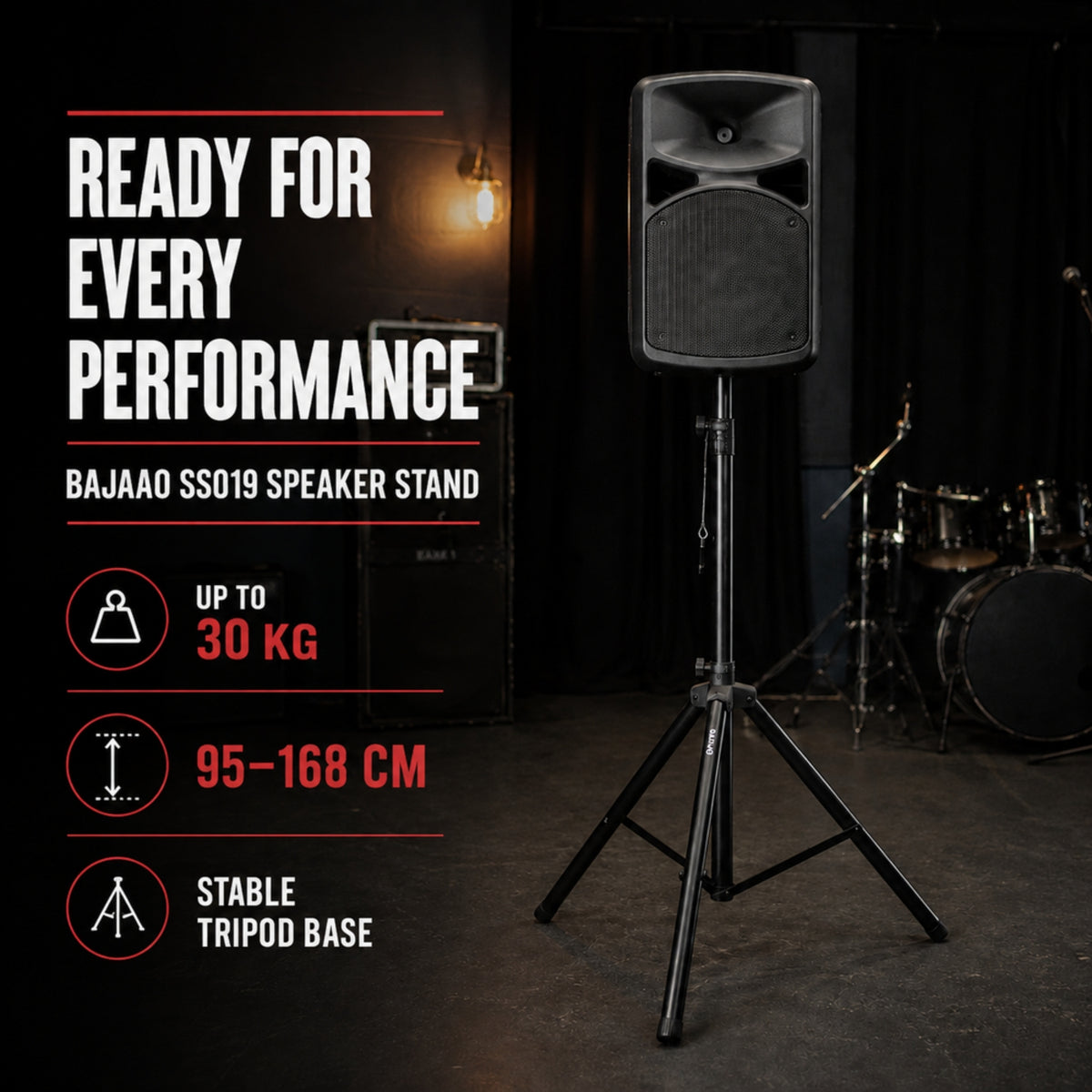 Bajaao SS019 Heavy-Duty Adjustable Tripod Speaker Stand with Safety Locking Pin & Foldable Legs – Black