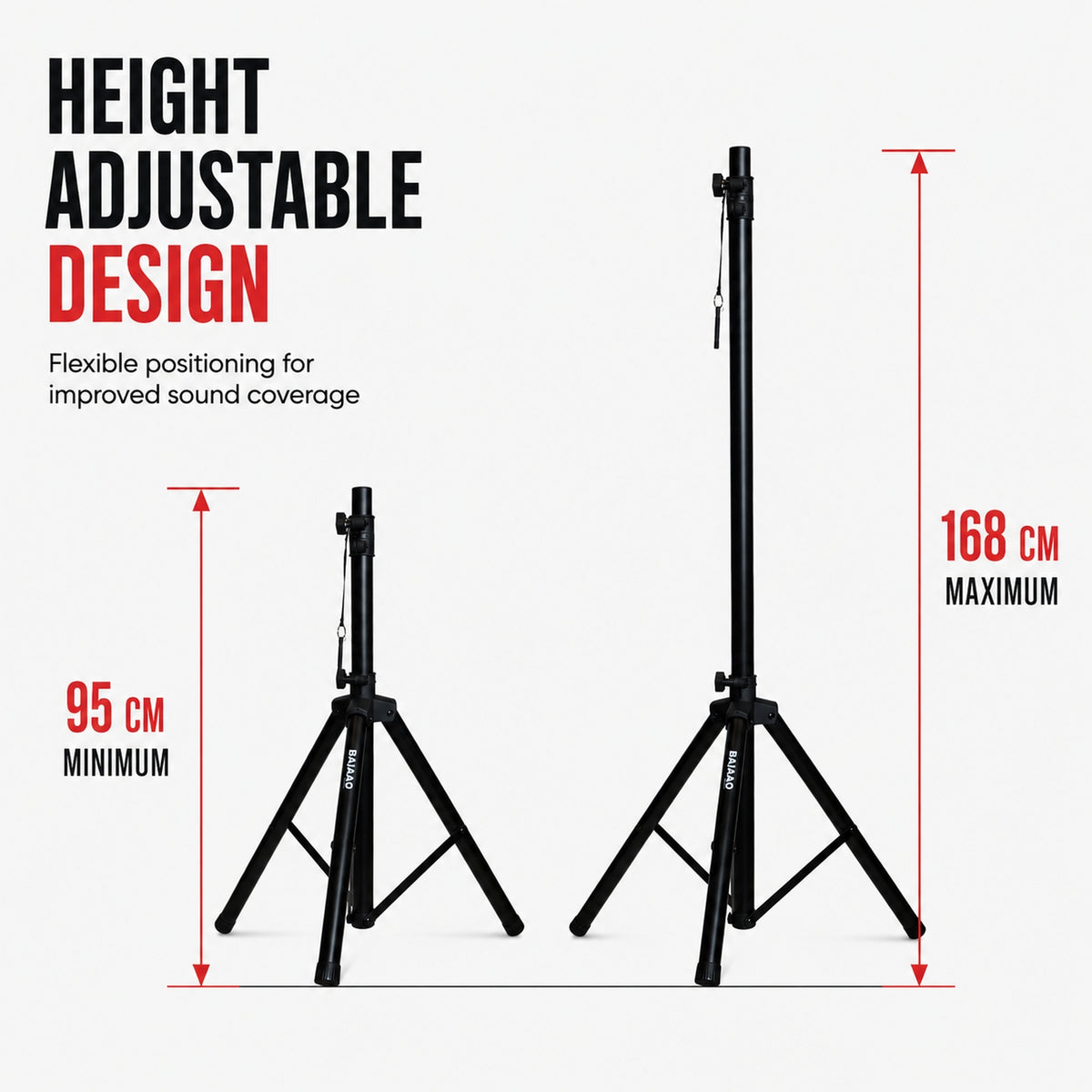 Bajaao SS019 Heavy-Duty Adjustable Tripod Speaker Stand with Safety Locking Pin & Foldable Legs – Black