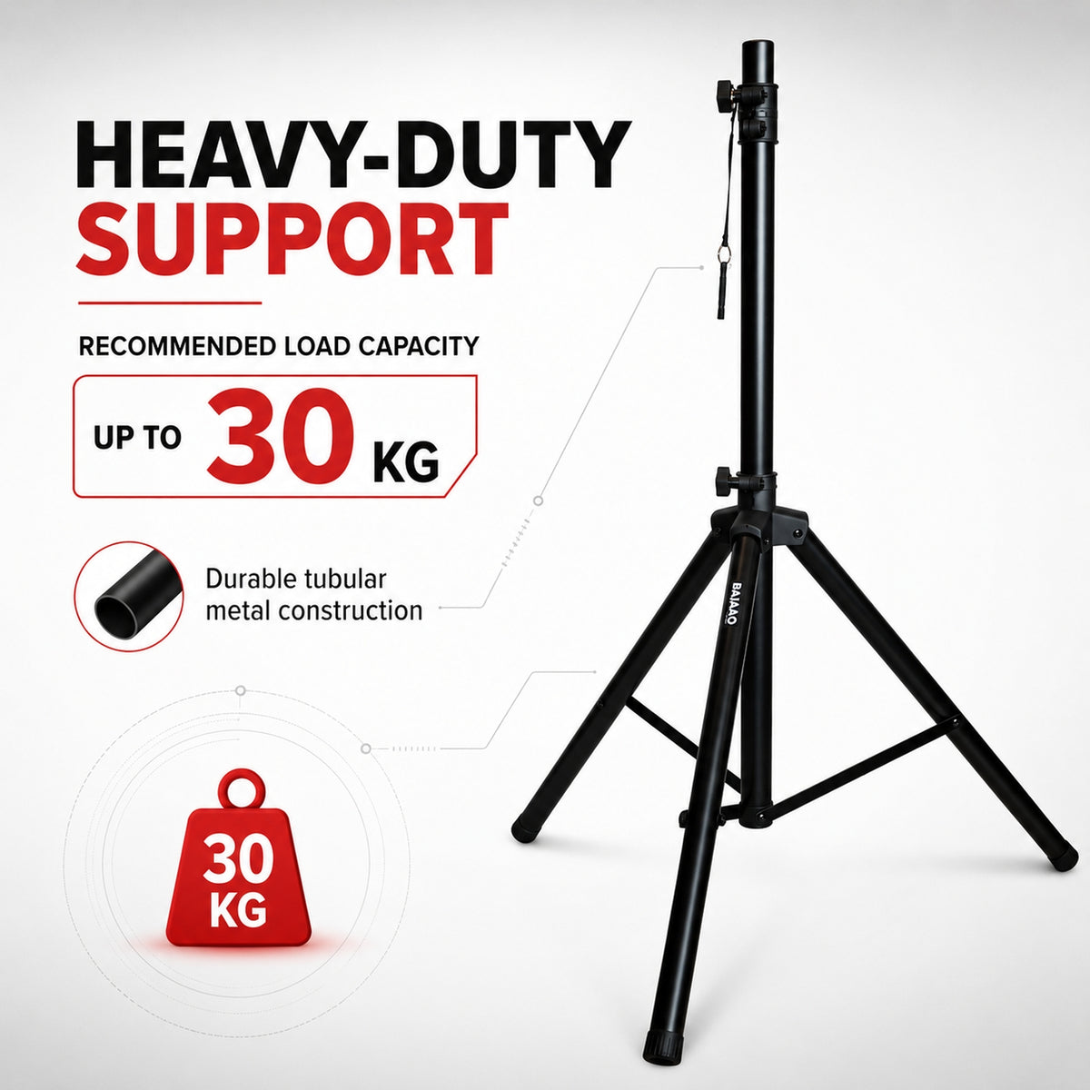 Bajaao SS019 Heavy-Duty Adjustable Tripod Speaker Stand with Safety Locking Pin & Foldable Legs – Black