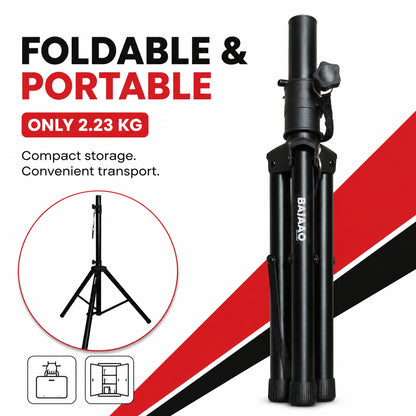 Bajaao SS019 Heavy-Duty Adjustable Tripod Speaker Stand with Safety Locking Pin & Foldable Legs – Black