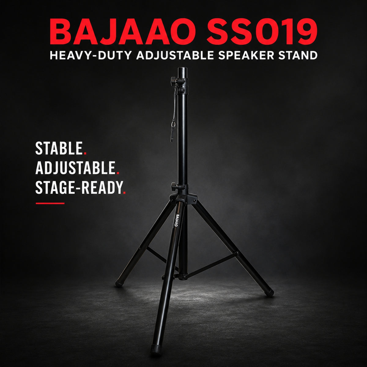 Bajaao SS019 Heavy-Duty Adjustable Tripod Speaker Stand with Safety Locking Pin & Foldable Legs – Black