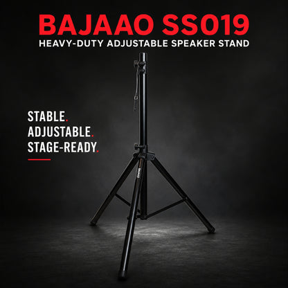 Bajaao SS019 Heavy-Duty Adjustable Tripod Speaker Stand with Safety Locking Pin & Foldable Legs – Black