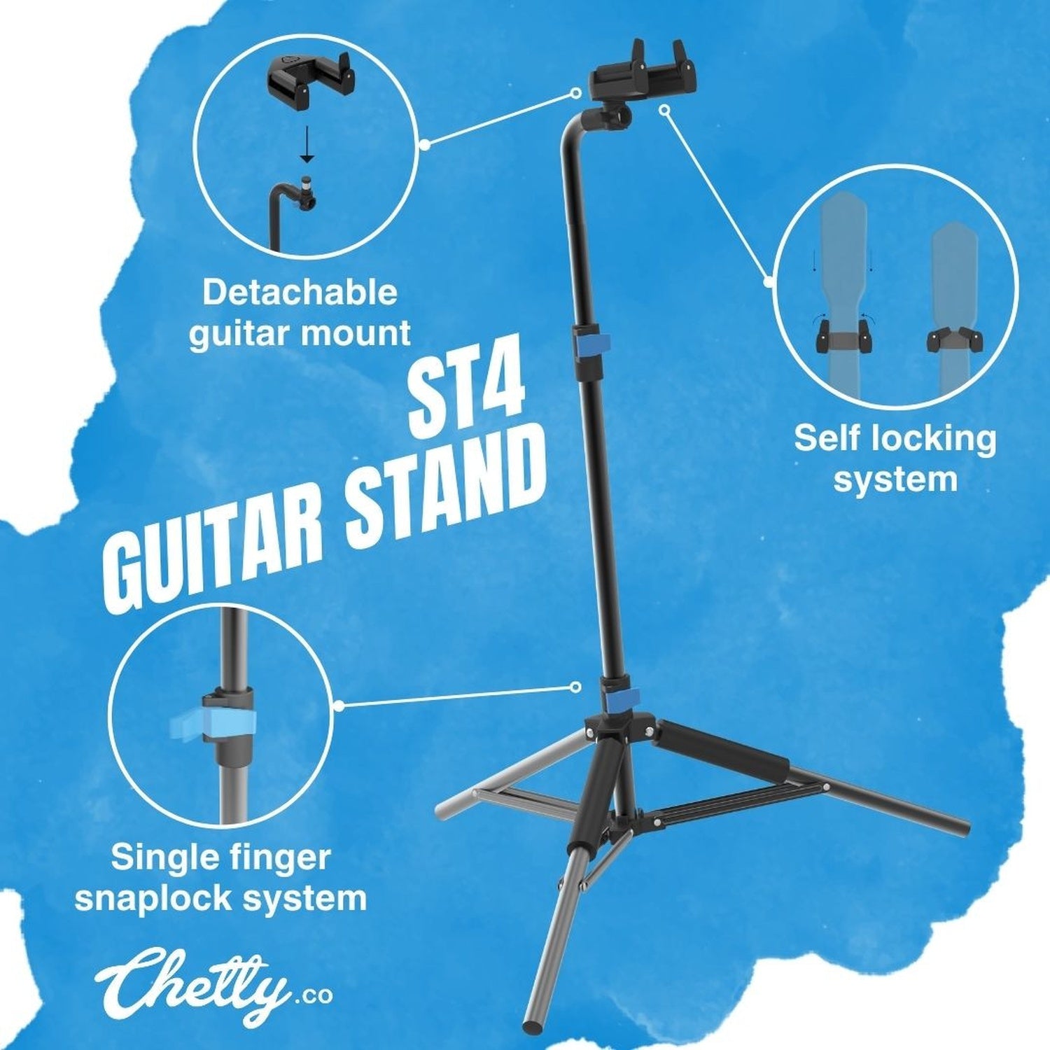 Chetty ST4 Single Guitar Stand with Detachable Guitar Mount and Safety Lock