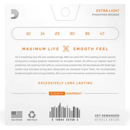 DAddario XSAPB1047 XS Phosphor Bronze Extra Light Acoustic Guitar Strings