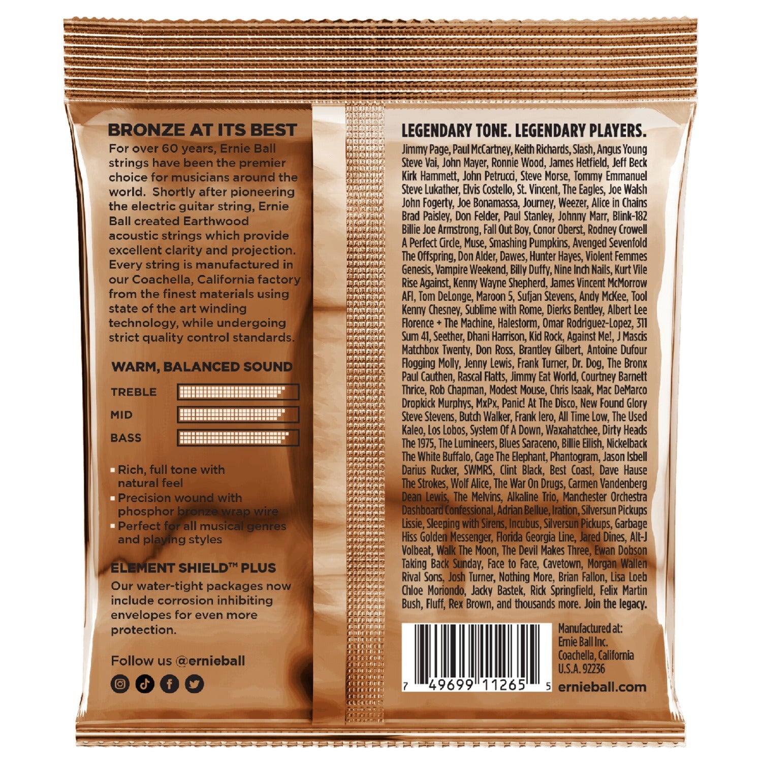 Ernie Ball 3546 Medium Light Earthwood Phosphor Bronze Acoustic Guitar Strings 3 Pack - .12-.54