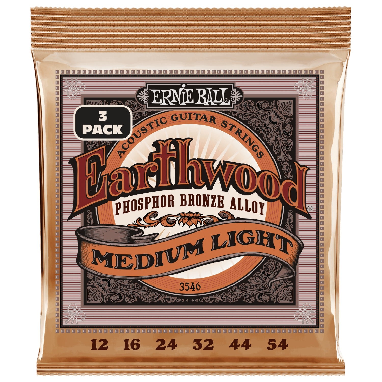 Ernie Ball 3546 Medium Light Earthwood Phosphor Bronze Acoustic Guitar Strings 3 Pack - .12-.54
