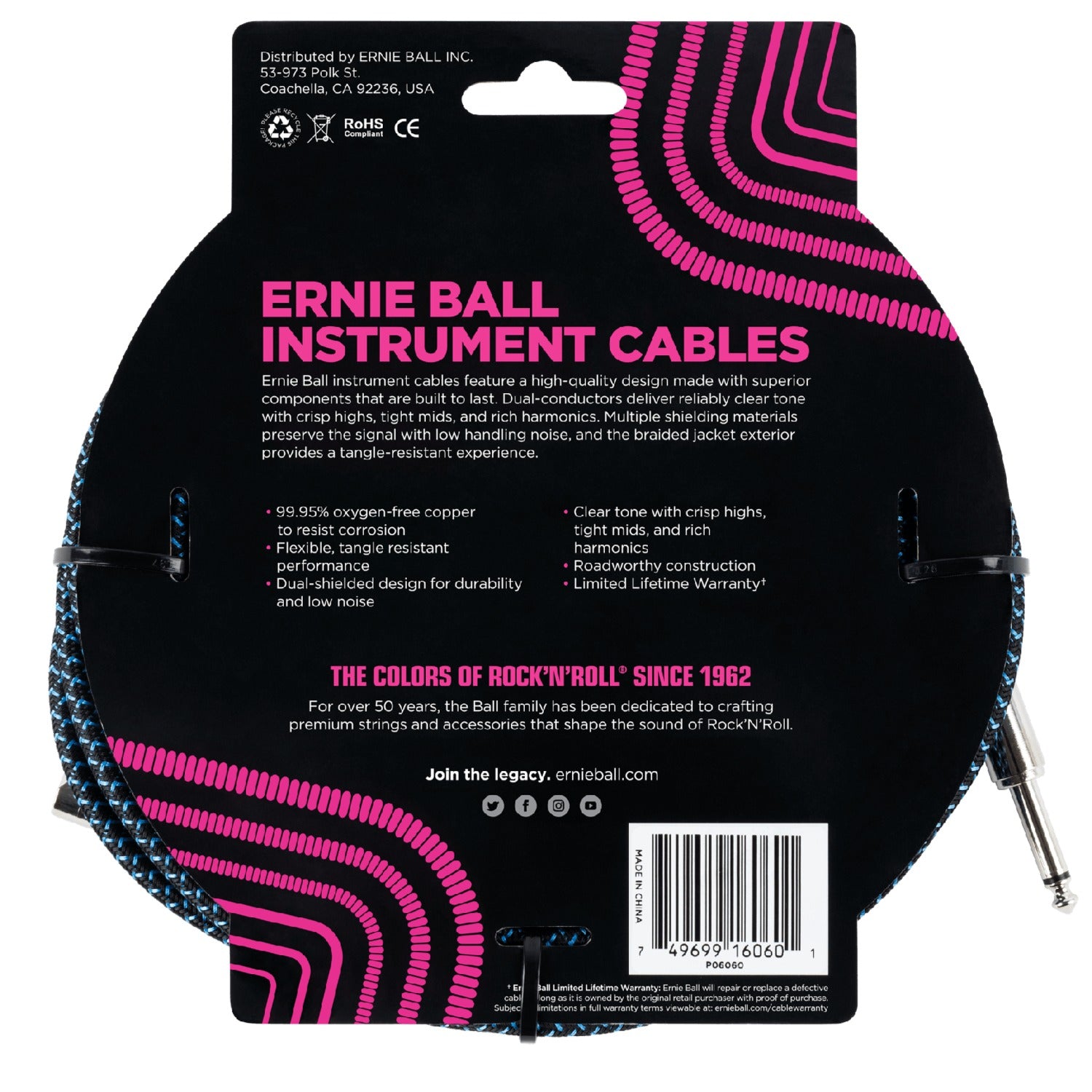 Ernie Ball 25 Ft Braided Straight-Angle Instrument Cable
