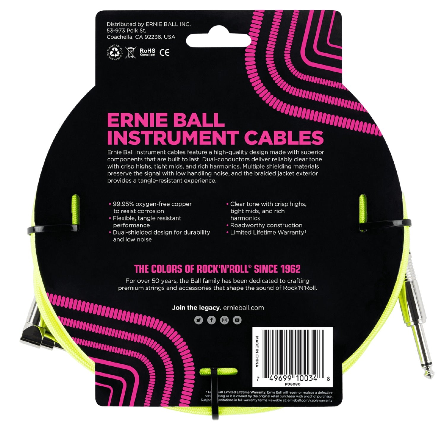 Ernie Ball 10' Braided Straight Angle Instrument Cable