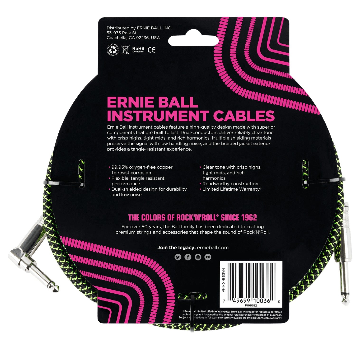Ernie Ball 18' Braided Straight Angle Instrument Cable