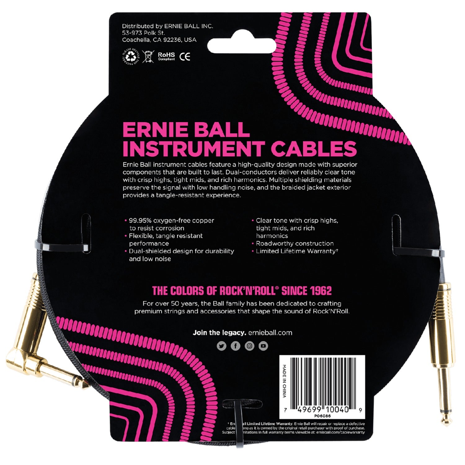 Ernie Ball 18' Braided Straight Angle Instrument Cable