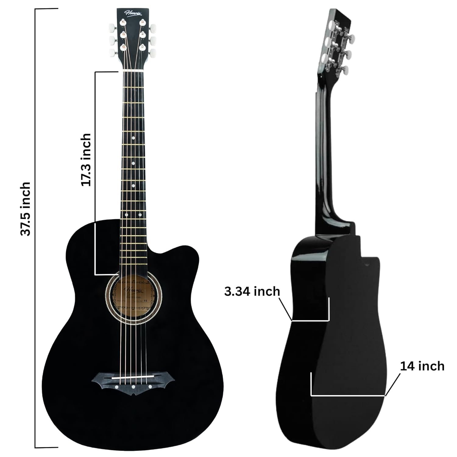 Henrix 38C 38 Inch Cutaway Acoustic Guitar with Dual Action Truss Rod, Gigbag, Picks, String Set, Strap, Cloth & Ebook