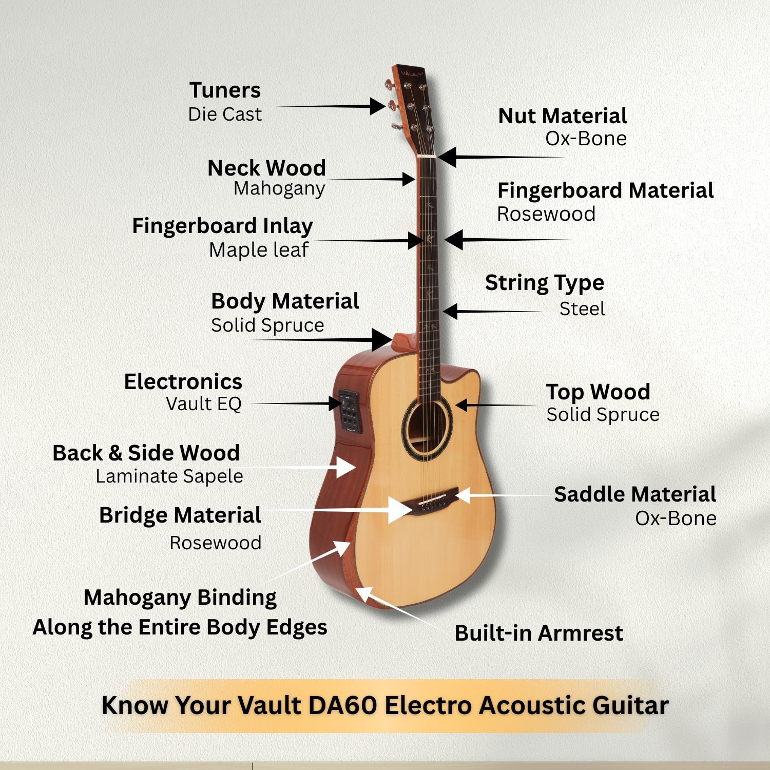 Vault Electro Acoustic Guitars Natural Vault DA60CE Premium Dreadnought Cutaway Solid Spruce Top Electro Acoustic Guitar with Dual EQ and Armrest