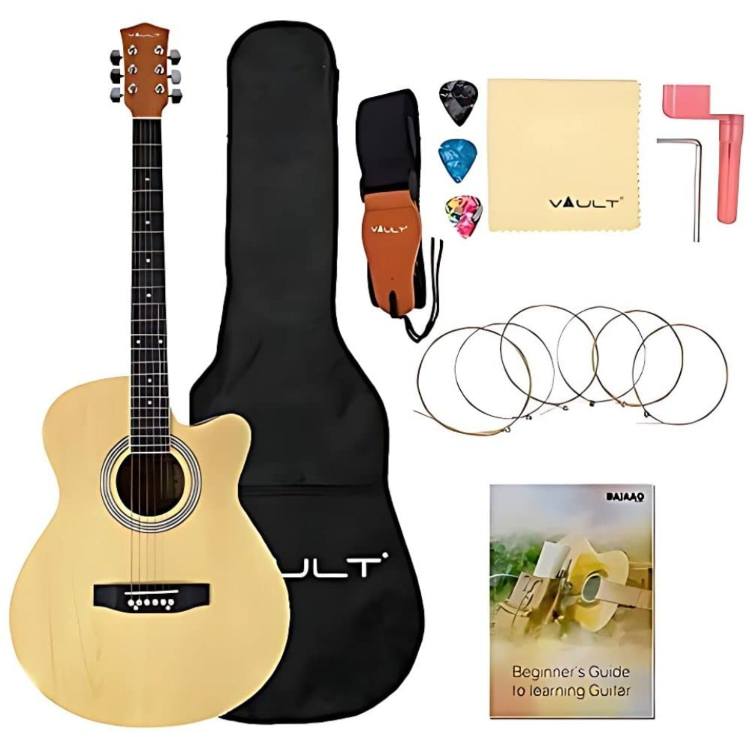 Vault EA20 Guitar Kit with Learn to Play Ebook, Bag, Strings, Straps, Picks, String winder & Polishing Cloth - 40 inch Cutaway Acoustic Guitar