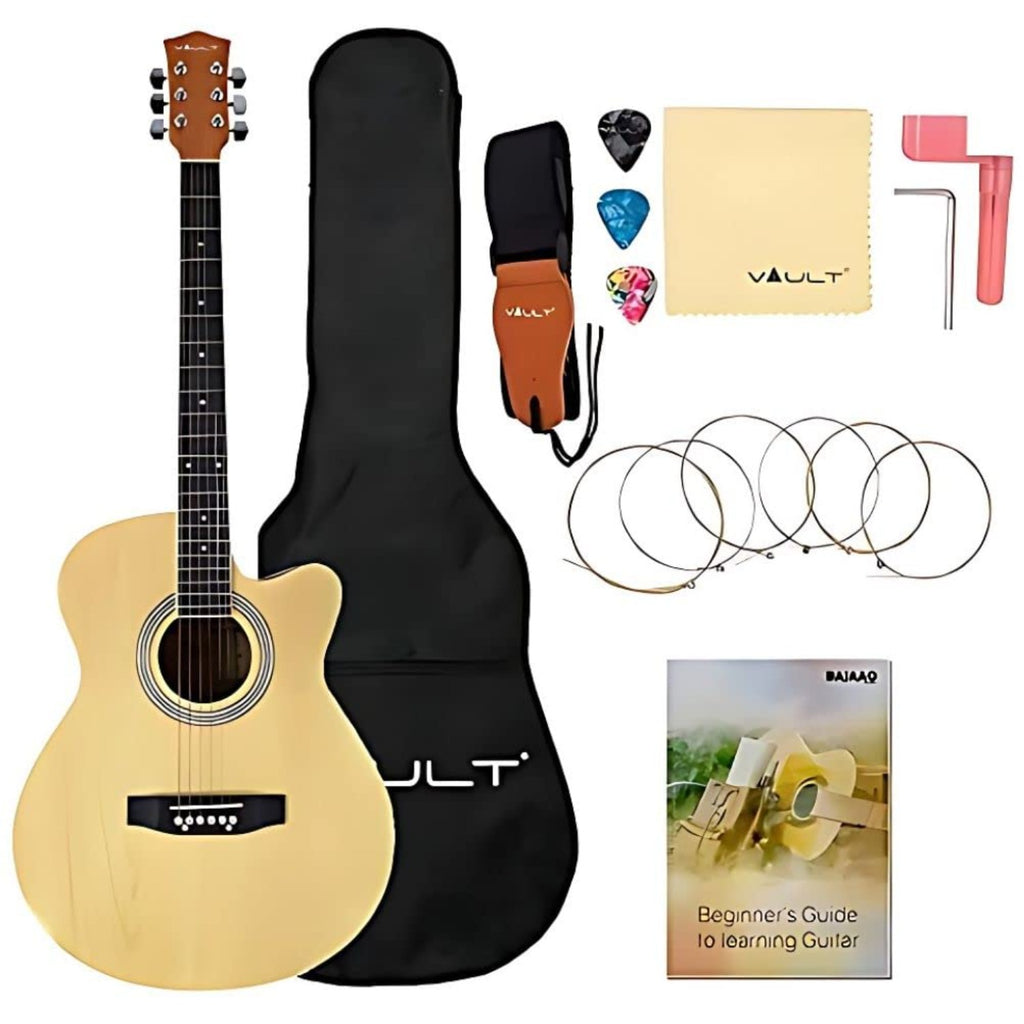 Vault EA20 Guitar Kit with Learn to Play Ebook, Bag, Strings, Straps, Picks, String winder & Polishing Cloth - 40 inch Cutaway Acoustic Guitar