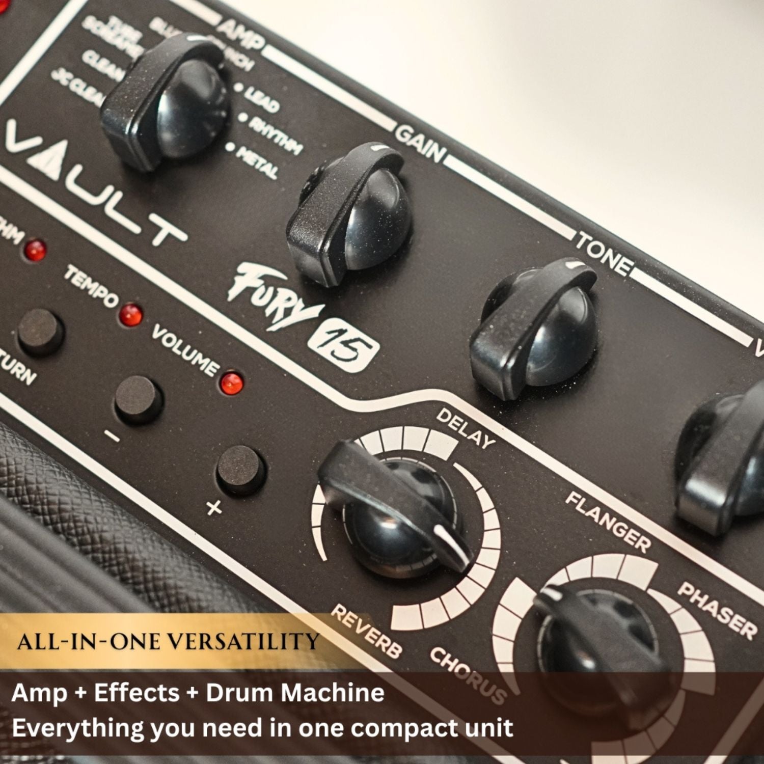 Vault Fury 15 Watt Digital Guitar Combo Amplifier with Effects & 36-Pattern Drum Machine