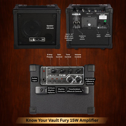 Vault Fury 15 Watt Digital Guitar Combo Amplifier with Effects & 36-Pattern Drum Machine
