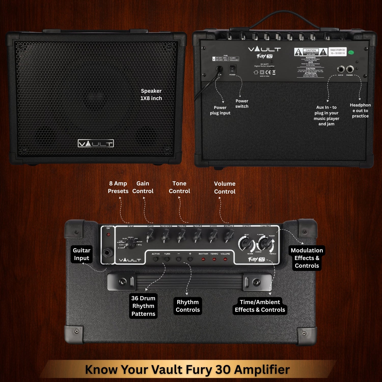 Vault Fury 30 Watt Digital Combo Guitar Amplifier with Effects and 36 Pattern Drum Machine