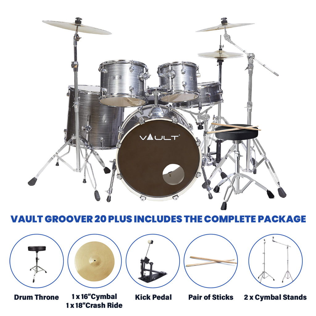 Vault Groover Plus 5-Piece Acoustic Drum Kit with Hardware, Cymbals & Throne