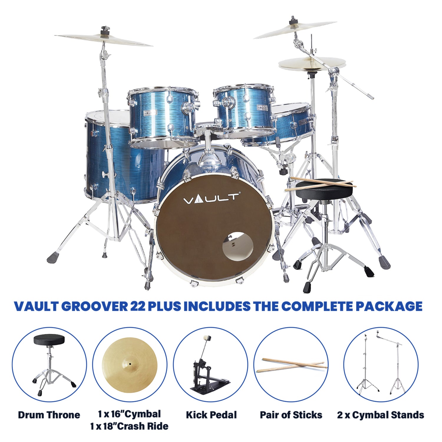 Vault Groover Plus 5-Piece Acoustic Drum Kit with Hardware, Cymbals & Throne