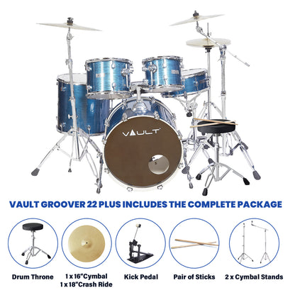 Vault Groover Plus 5-Piece Acoustic Drum Kit with Hardware, Cymbals & Throne