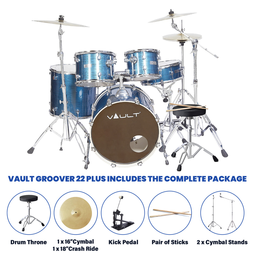 Vault Groover Plus 5-Piece Acoustic Drum Kit with Hardware, Cymbals & Throne