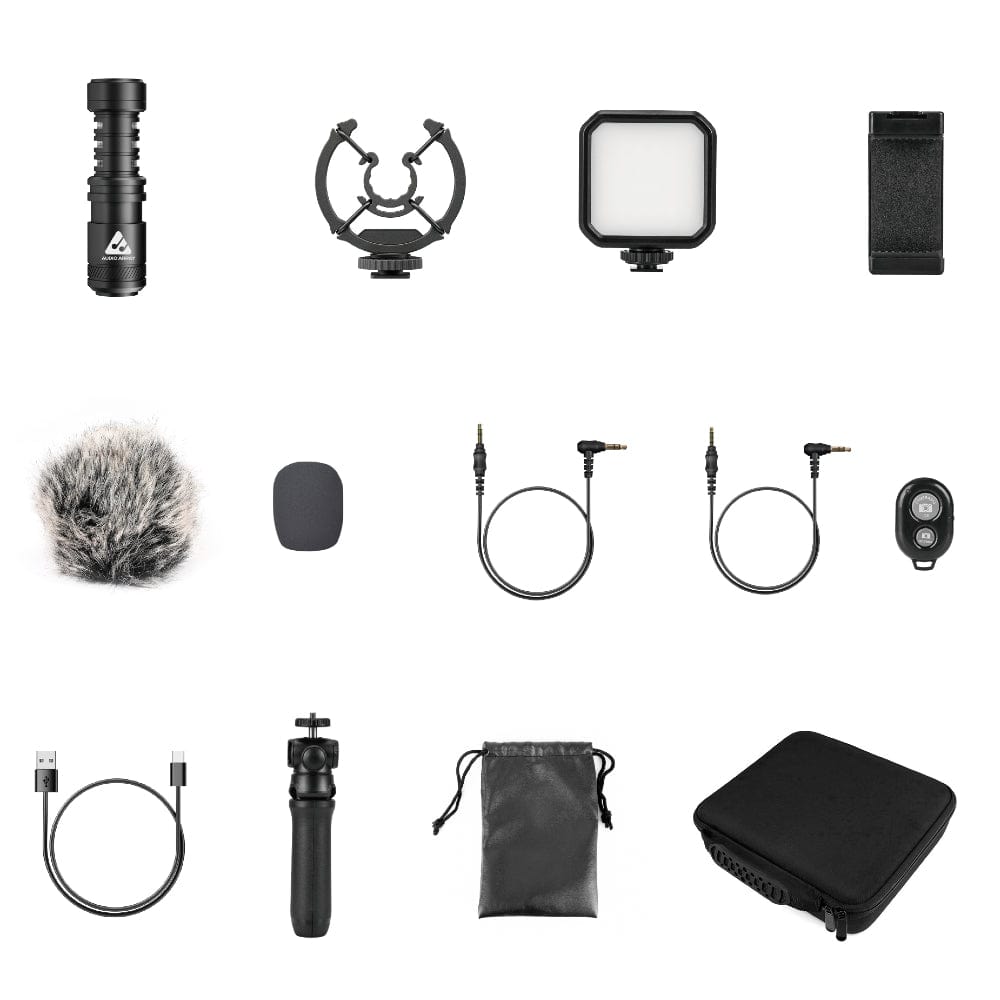 audio array condenser microphones black audio array am-c18 omnidirectional condenser shotgun microphone kit with 3.5mm connector with led & tripod for smartphone   