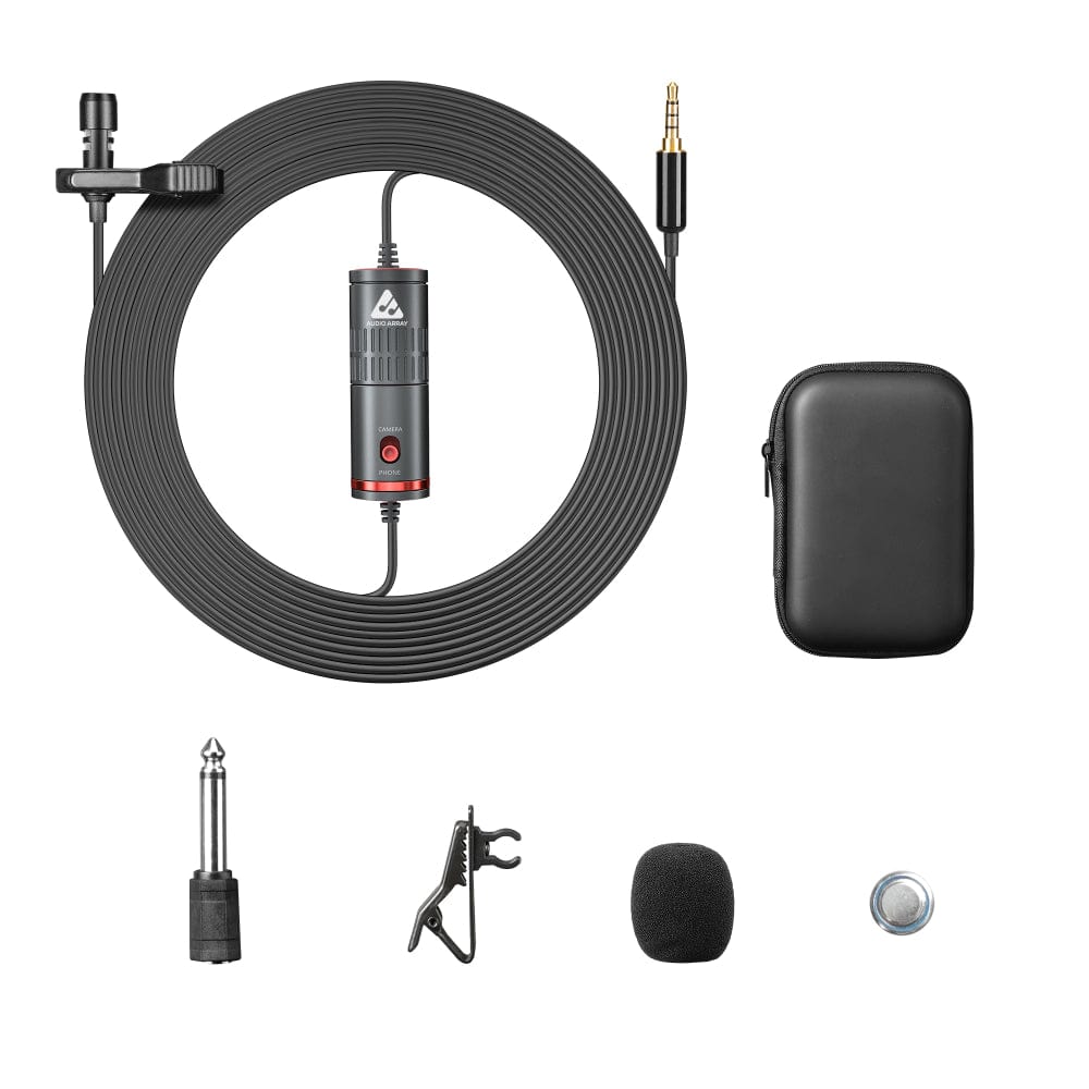 audio array lavalier microphones black audio array am-c12 all metal condenser collar microphone with 3.5mm connector with battery for dslr & smartphone  