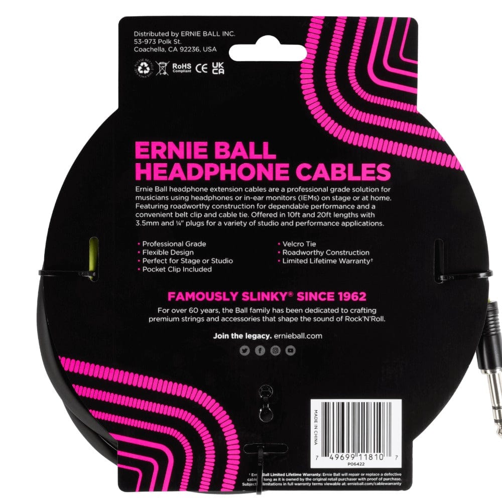 bajaao.com instrument cables ernie ball 6422 10ft 1/4" trs male to 3.5mm trs female headphone extension instrument cables