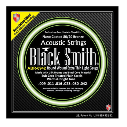 black smith acoustic guitar strings extra thin light - .009-.042 black smith nano coated 80 / 20 bronze acoustic guitar strings   