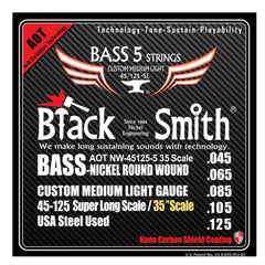 Black Smith Bass Guitar Strings 5-String Custom Medium Light - .045-.125 Black Smith Nano Coated Nickel Round Wound Bass Guitar Strings