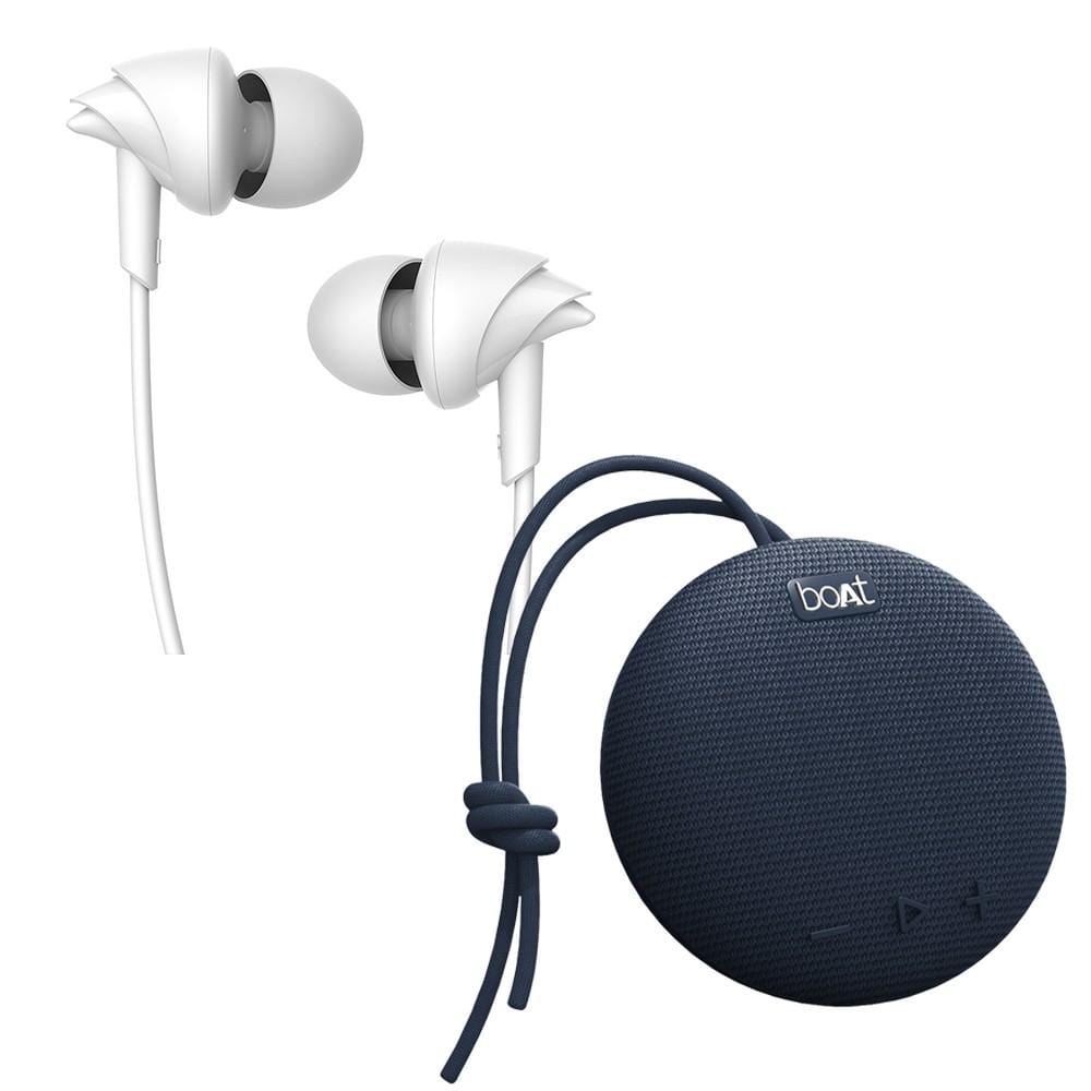 boAt Bluetooth Speakers White/Blue Combo Pack of boAt Bassheads 100 In Ear Headphone with boAt Stone 190 Bluetooth Speaker