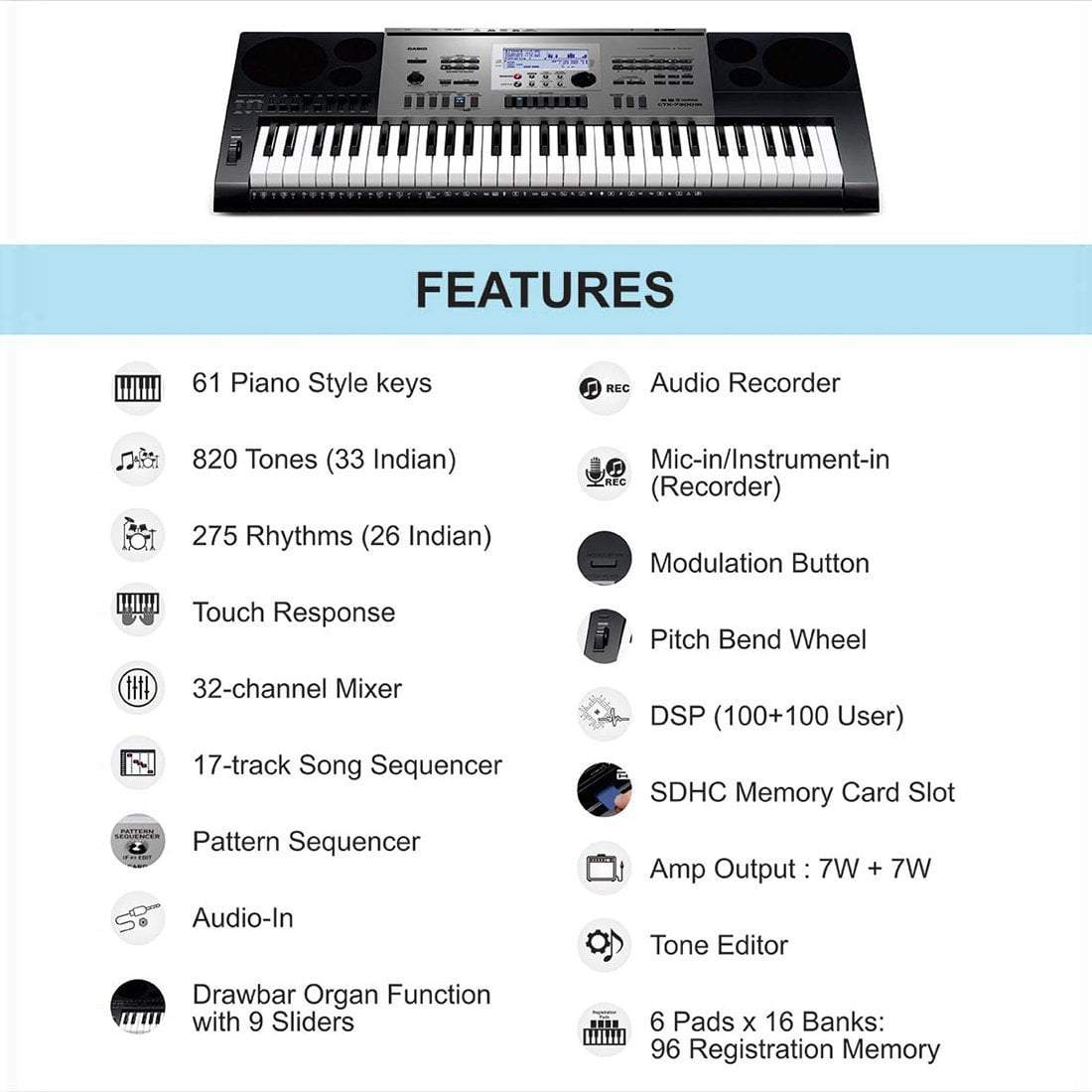 Casio Keyboard Bundles Casio CTK-7300IN Portable Keyboard with Keyboard Gig bag, Polishing Cloth And Power Adapter