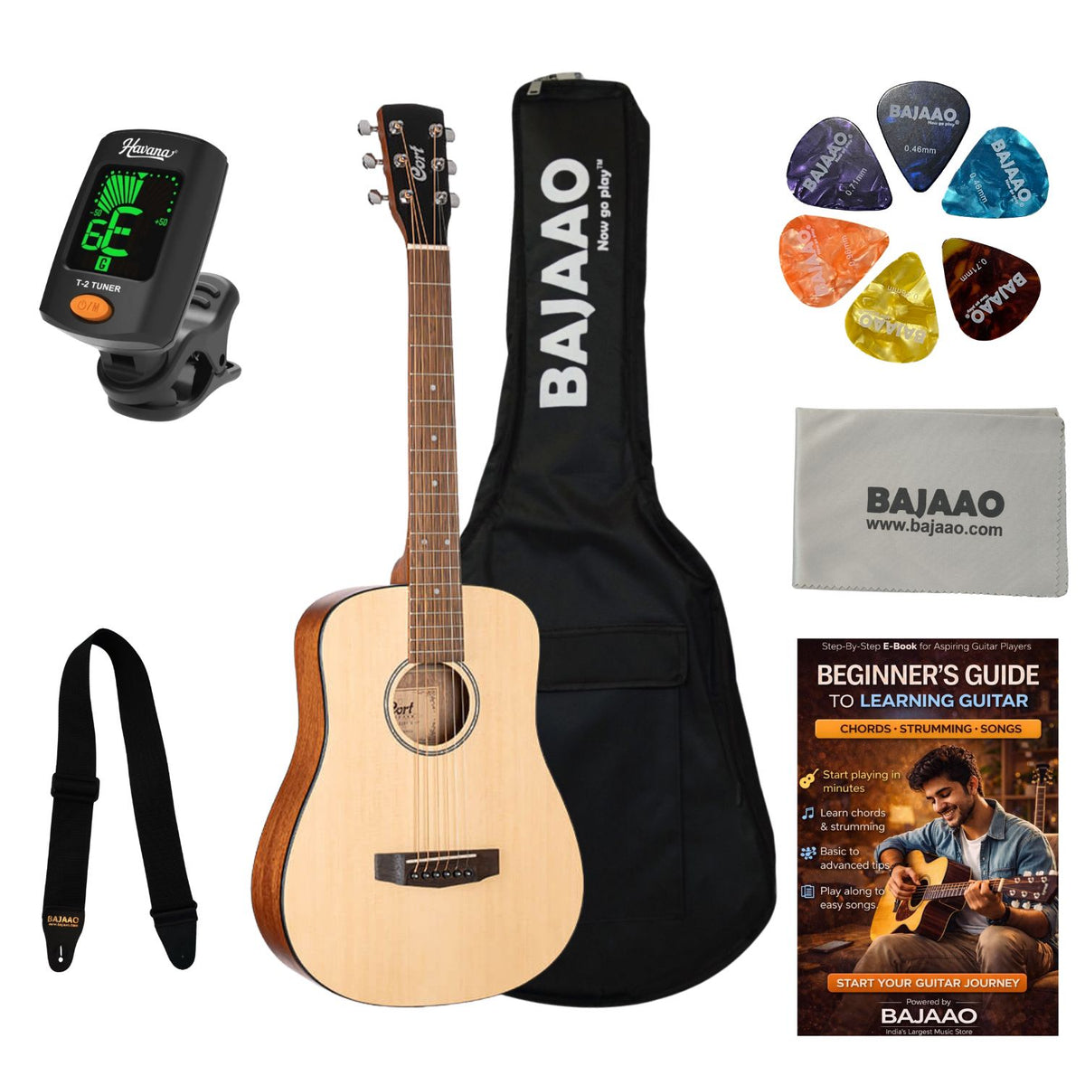 Cort Acoustic Guitar Bundles Cort AD Mini Open Pore Acoustic Guitar with Gigbag, Strap, Polishing Cloth, Pick, Tuner and Ebook