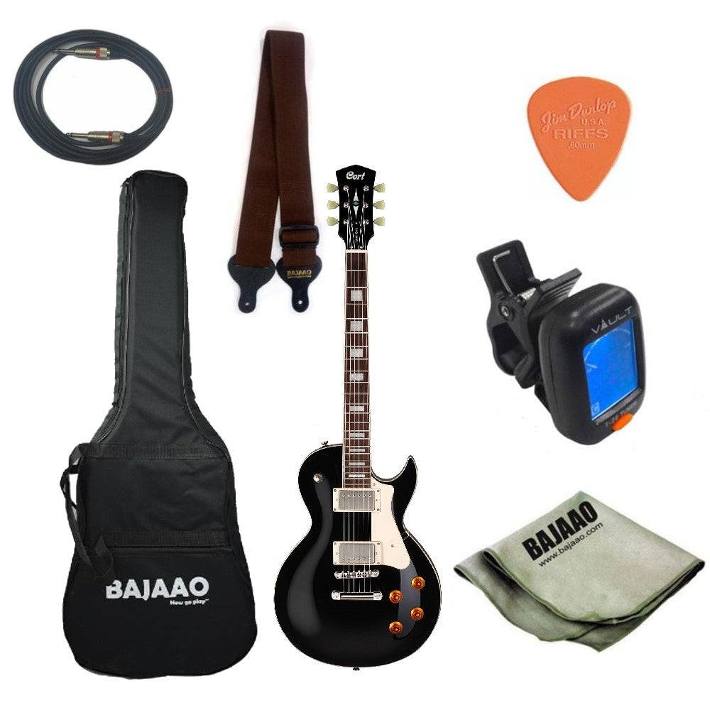 Cort Electric Guitars Bundles Black Cort CR200 Les Paul Style Electric Guitar with Gigbag, Strap, Pick, Cable, Cloth and Tuner, Ebook #title_black