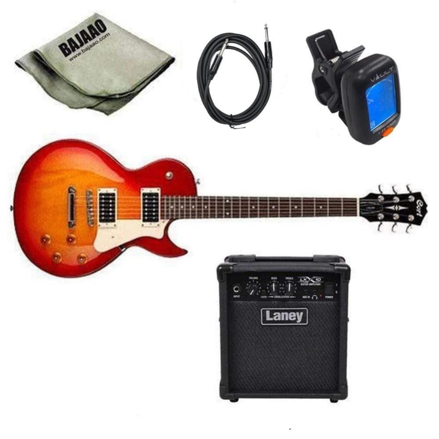 Cort Electric Guitars Bundles Cherry Red Sunburst With Laney LX10 Cort CR100 Les Paul Style Electric Guitar Standard Guitar Bundle with Amplifier, Tuner, Cable and Polishing Cloth #title_cherry-red-sunburst-with-laney-lx10