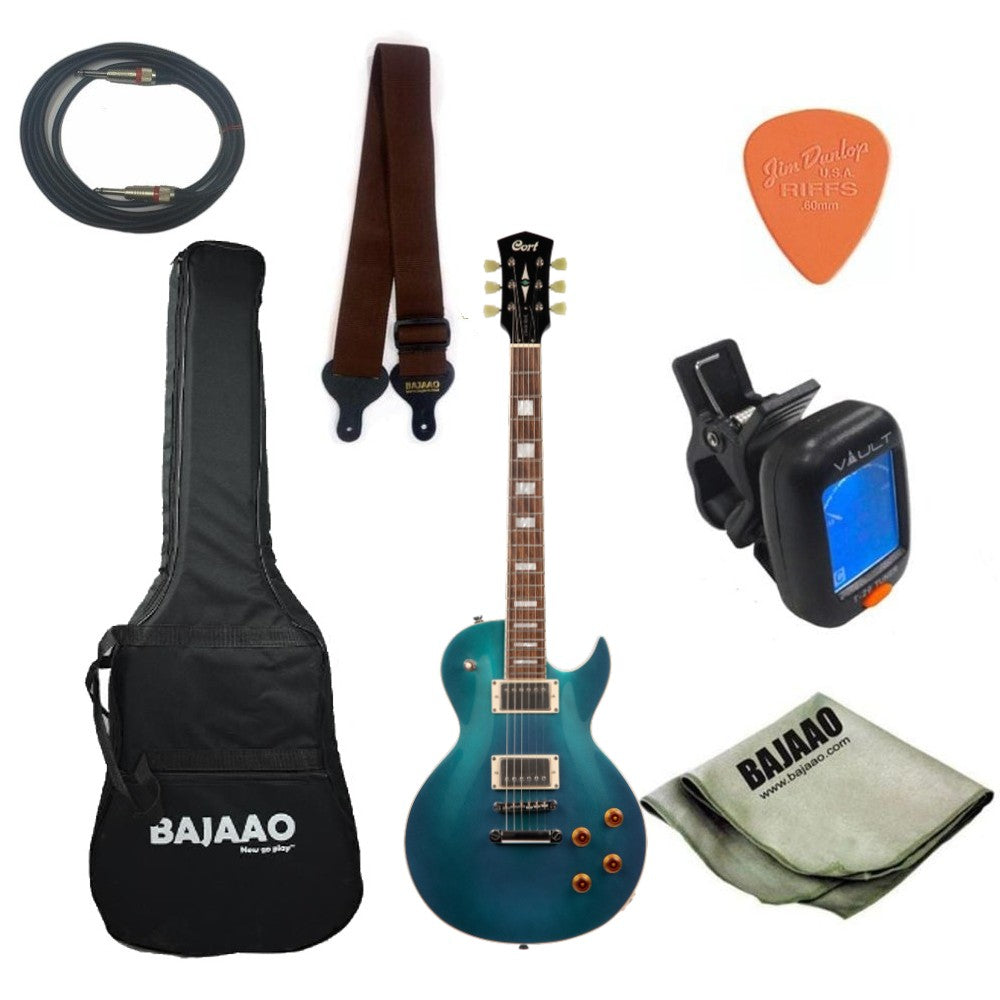 Cort Electric Guitars Bundles Flip Blue Cort CR200 Les Paul Style Electric Guitar with Gigbag, Strap, Pick, Cable, Cloth and Tuner, Ebook #title_flip-blue