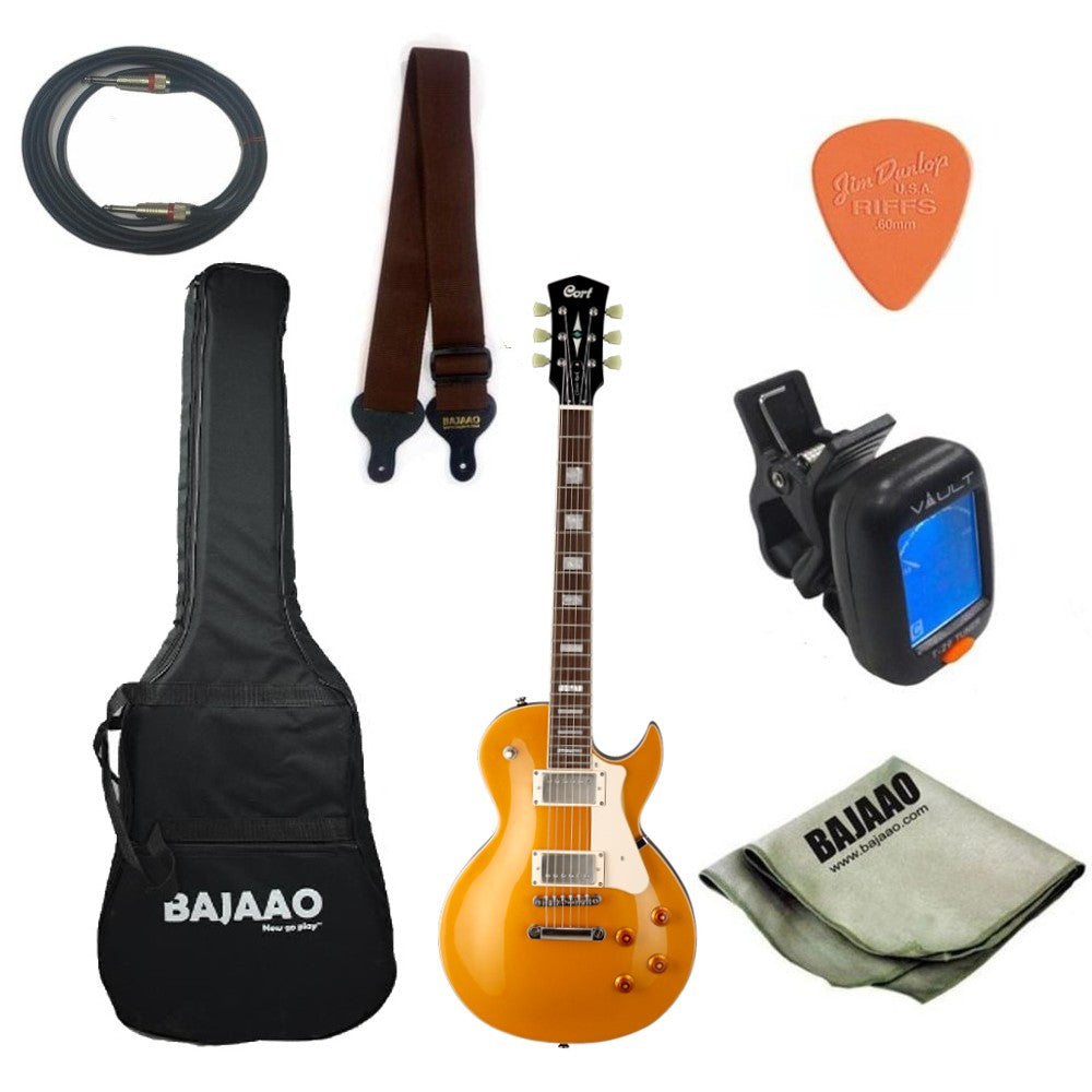 Cort Electric Guitars Bundles Gold Top Cort CR200 Les Paul Style Electric Guitar with Gigbag, Strap, Pick, Cable, Cloth and Tuner, Ebook 