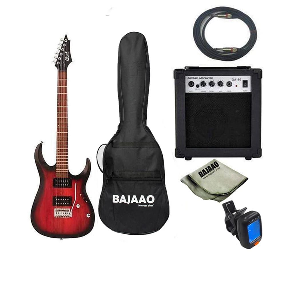 cort electric guitars bundles open pore blackcherry burst cort x100 6-string electric guitar bundle with amplifier, tuner, cable and polishing cloth   #color_open-pore-blackcherry-burst