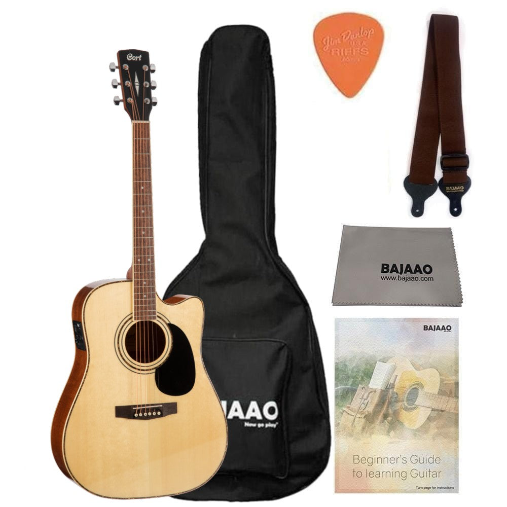 Cort Electro Acoustic Guitar Bundles Natural Cort AD880CE Cutaway Electro Acoustic Guitar with Gigbag, Strap, Polishing Cloth, Pick and Ebook #color_natural