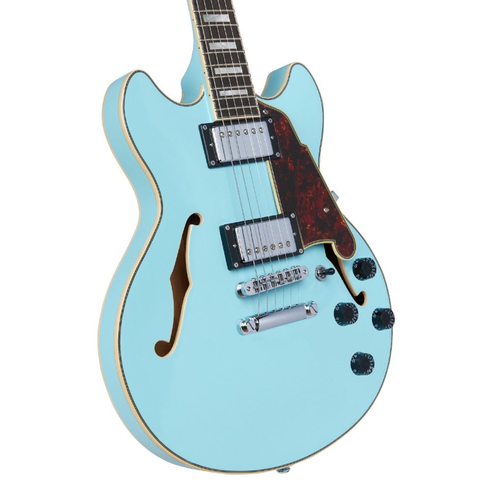 d'angelico electric guitars d'angelico premier mini dc semi-hollow 6 string electric guitar    #color_sky-blue