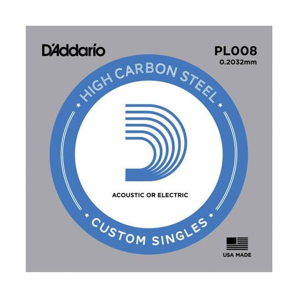 daddario acoustic guitar strings d'addario pl008 plain steel ball end .008 in. (.20 mm) single string