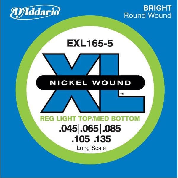 daddario bass guitar strings d'addario exl165-5 xl bass guitar strings - nickel, .045-.135