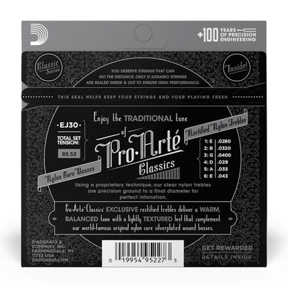 daddario classical guitar strings .028 - .043 d'addario ej30 rectified nylon normal tension tie end classical guitar string set     