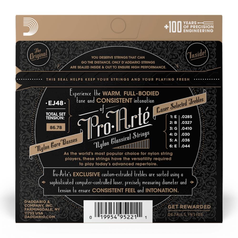 daddario classical guitar strings daddario pro-arté ej48 80/20 bronze wrap nylon core classical guitar string set