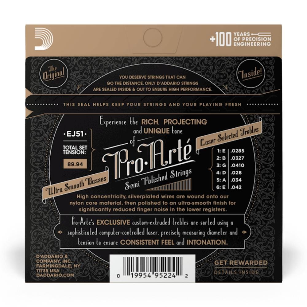 daddario classical guitar strings daddario pro-arté ej51 silver plated wrap nylon core classical guitar string set