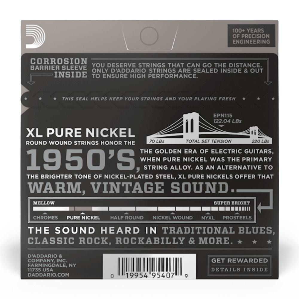 daddario electric guitar strings d'addario epn115 xl pure nickel wound electric guitar strings 11-48