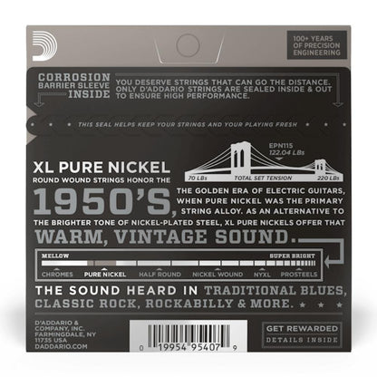 daddario electric guitar strings d'addario epn115 xl pure nickel wound electric guitar strings 11-48