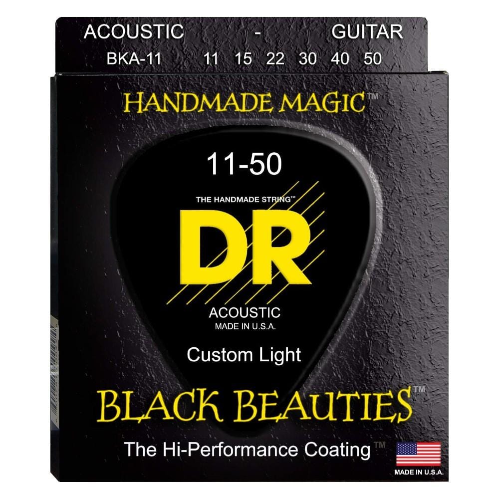 DR Acoustic Guitar Strings 11-50- Custom Light DR Strings Black Beauties Black Colored Acoustic Guitar Strings