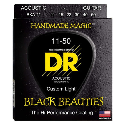 DR Acoustic Guitar Strings 11-50- Custom Light DR Strings Black Beauties Black Colored Acoustic Guitar Strings